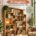 Bibliothèque en bois élégante avec des plantes et des livres, ajoutant une touche naturelle à l'intérieur.