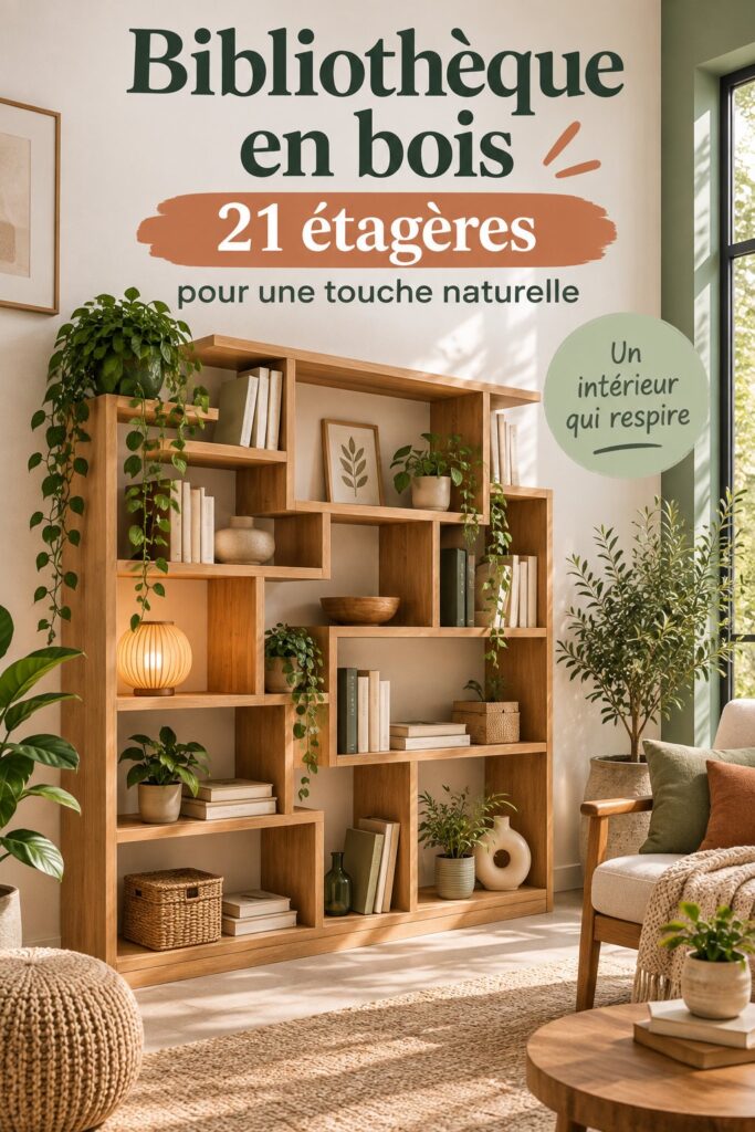 Bibliothèque en bois élégante avec des plantes et des livres, ajoutant une touche naturelle à l'intérieur.