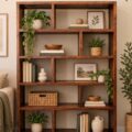 Étagères en bois faites maison dans un intérieur chaleureux