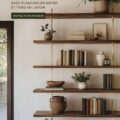 Etagères flottantes en bois noyer stylisées avec divers objets déco.