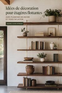 Etagères flottantes en bois noyer stylisées avec divers objets déco.