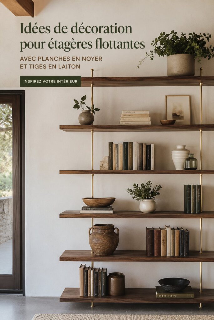 Etagères flottantes en bois noyer stylisées avec divers objets déco.
