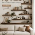 Étagères flottantes en bois dans un salon moderne, apportant du style et du rangement.