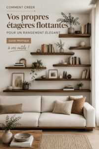 Étagères flottantes en bois dans un salon moderne, apportant du style et du rangement.