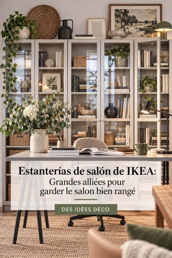 Étagères IKEA élégantes dans un salon moderne, offrant un rangement pratique et esthétique.