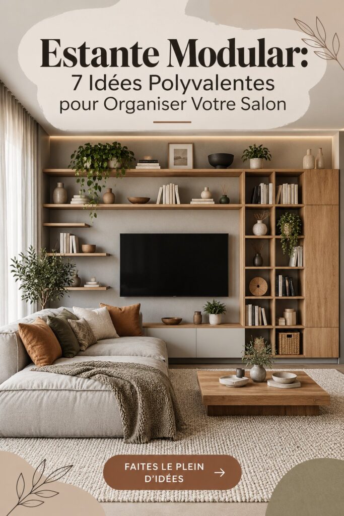 Étagères modulaires en bois dans un salon moderne et lumineux