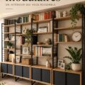 Étagères en puzzle en bois créant un effet décoratif dans un intérieur chaleureux.