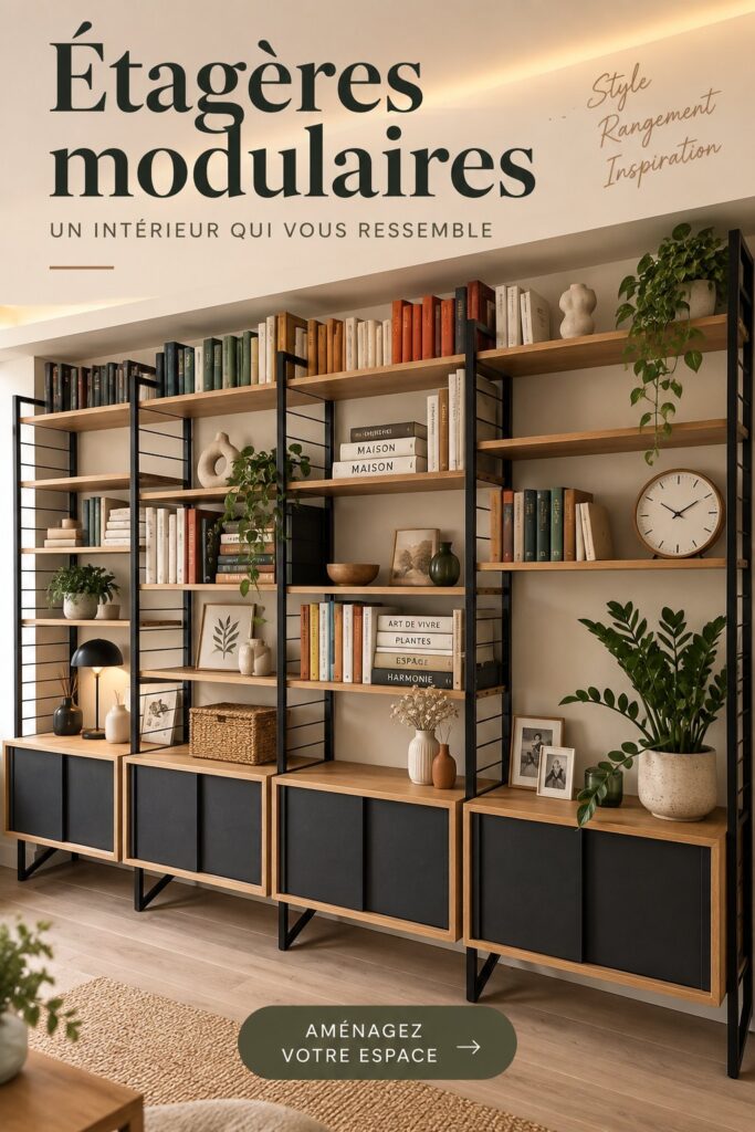 Étagères en puzzle en bois créant un effet décoratif dans un intérieur chaleureux.