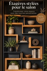 Une étagère de salon décorée avec des livres et des plantes, apportant une touche chaleureuse et personnelle.