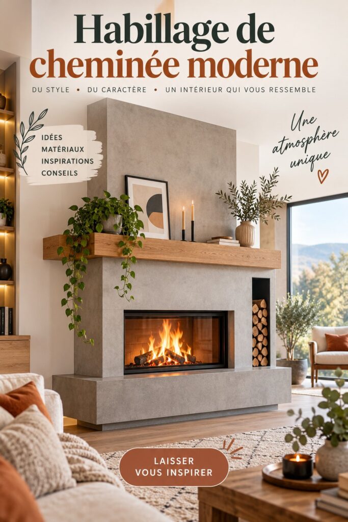 Cheminee moderne avec un habillage en bois dans un salon chaleureux