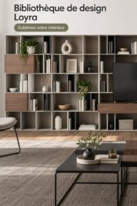 Une bibliothèque design moderne avec des livres et des objets déco dans un salon élégant