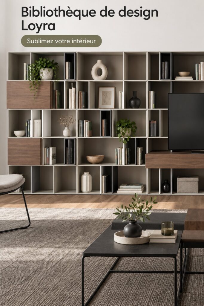 Une bibliothèque design moderne avec des livres et des objets déco dans un salon élégant