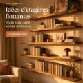 Bibliothèque flottante élégante en bois suspendue dans un salon moderne.