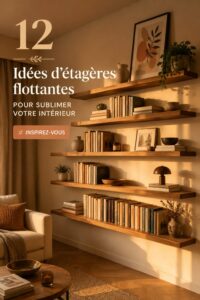 Bibliothèque flottante élégante en bois suspendue dans un salon moderne.