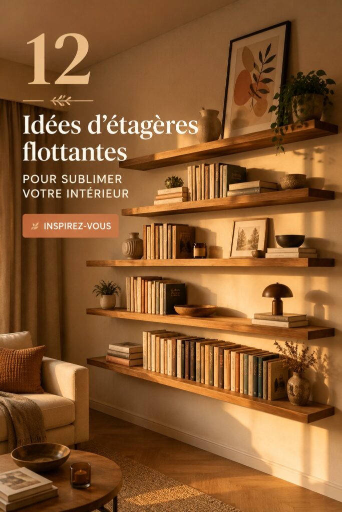 Bibliothèque flottante élégante en bois suspendue dans un salon moderne.