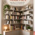 Bibliothèque moderne en bois avec des livres et objets de décoration