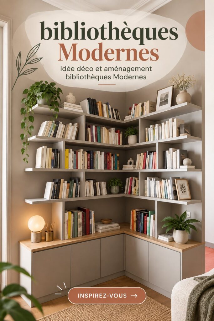Bibliothèque moderne en bois avec des livres et objets de décoration