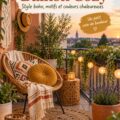 Balcon cosy et boho avec des coussins et des plantes vertes