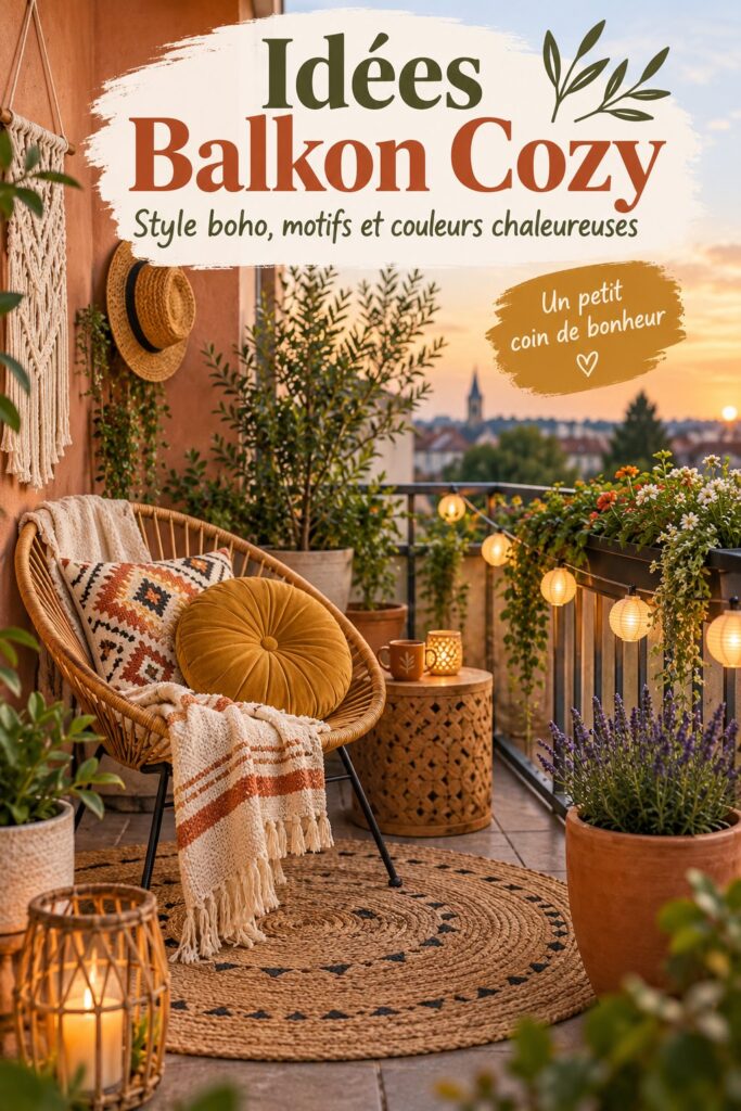 Balcon cosy et boho avec des coussins et des plantes vertes