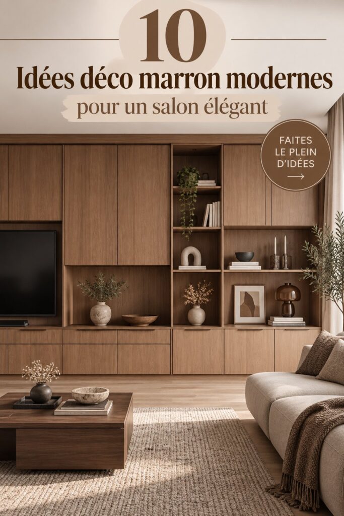 Salon moderne décoré avec des éléments marron chaleureux et élégants.