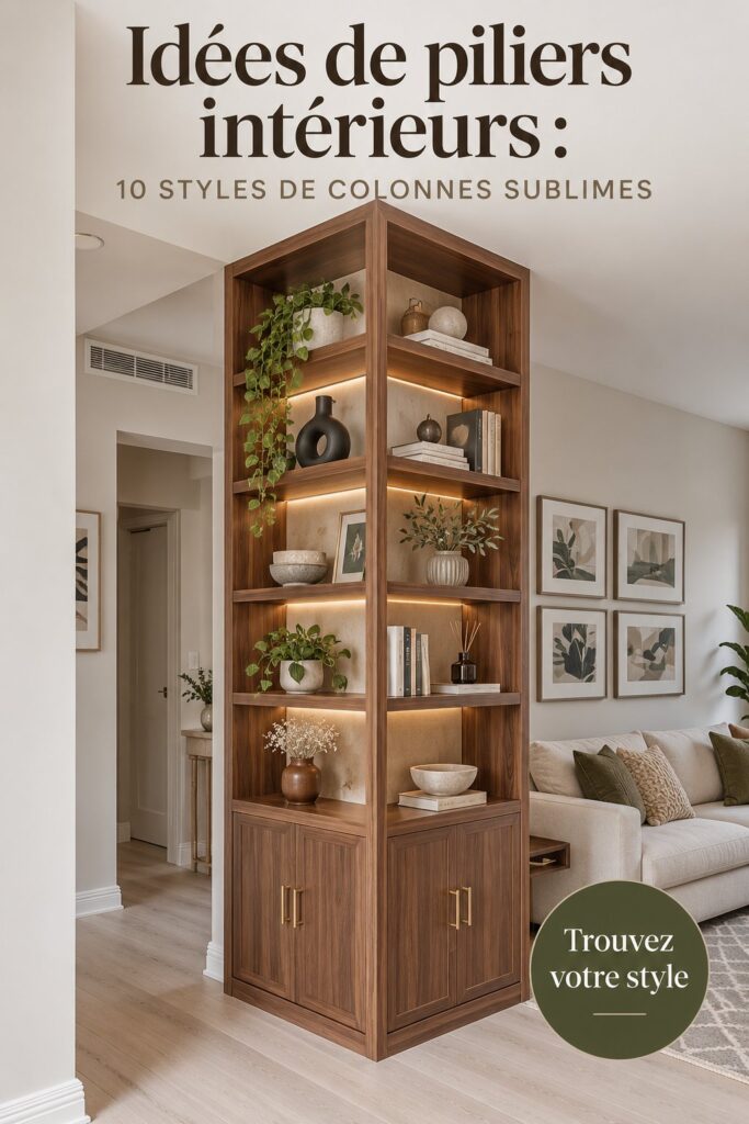 Colonne intérieure décorative dans un salon moderne avec un éclairage chaleureux.