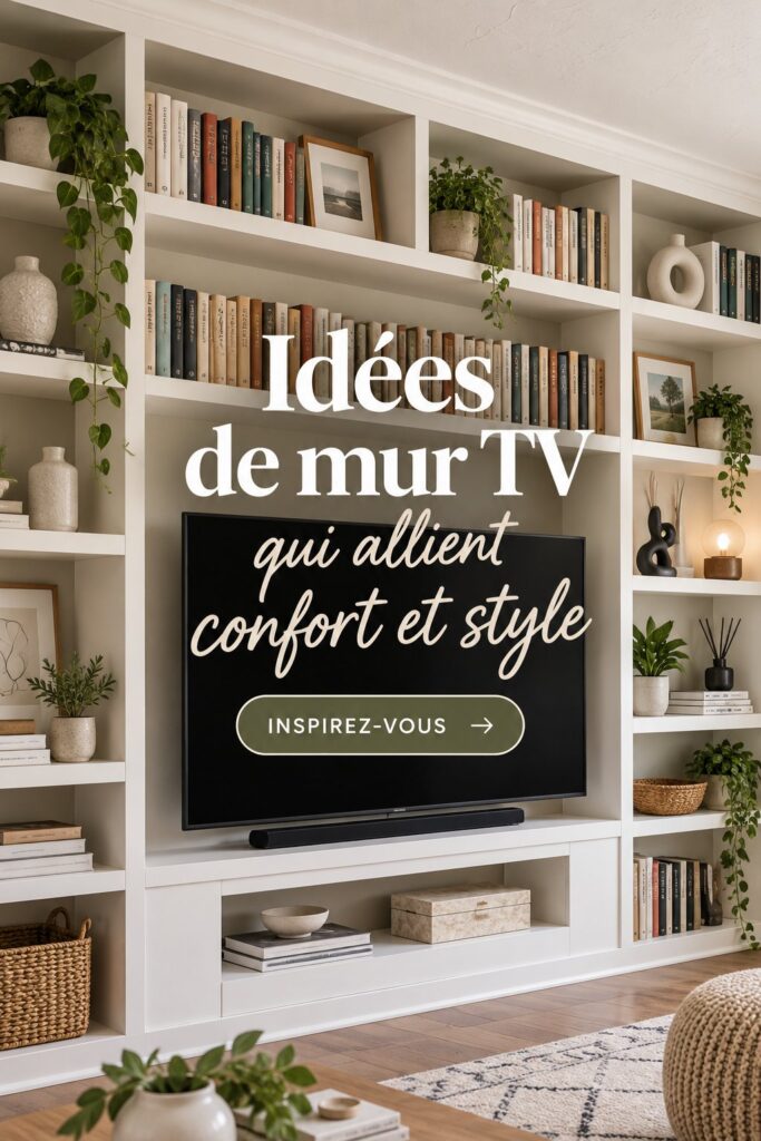 Un salon moderne avec un mur TV chaleureux et décoré.