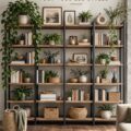 Un salon industriel élégant avec des éléments en métal et bois, créant une ambiance chaleureuse.
