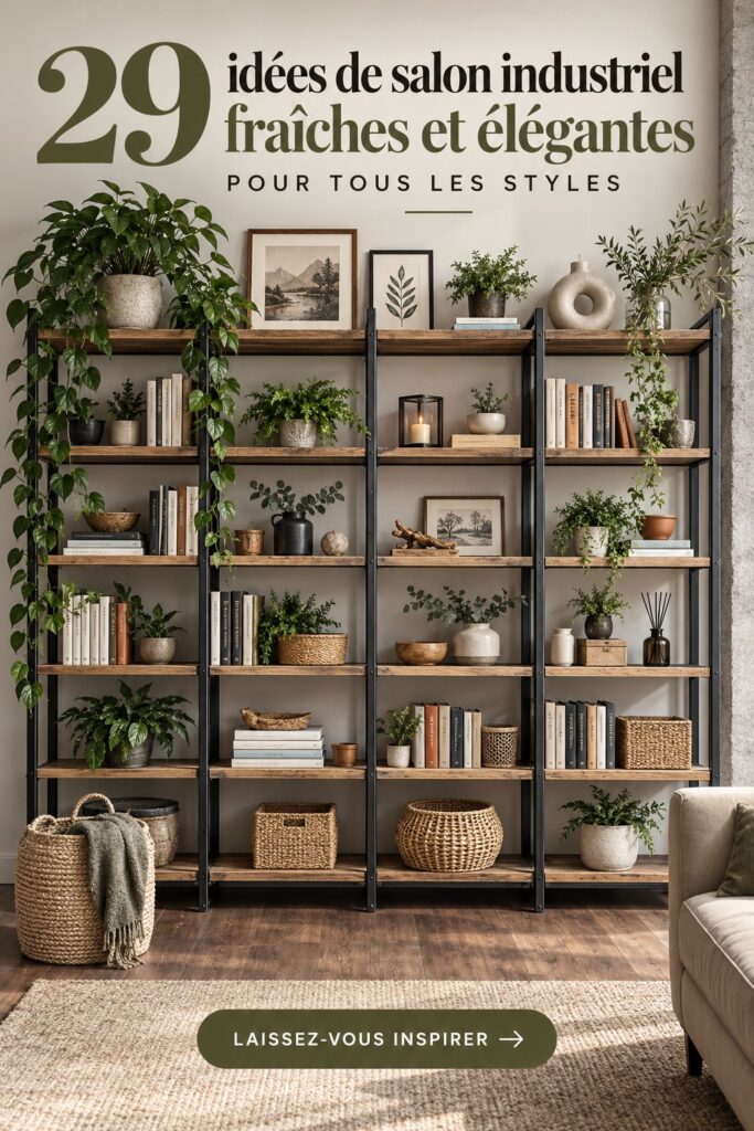 Un salon industriel élégant avec des éléments en métal et bois, créant une ambiance chaleureuse.
