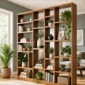 Séparateur de salon moderne avec une étagère en bois et des plantes décoratives