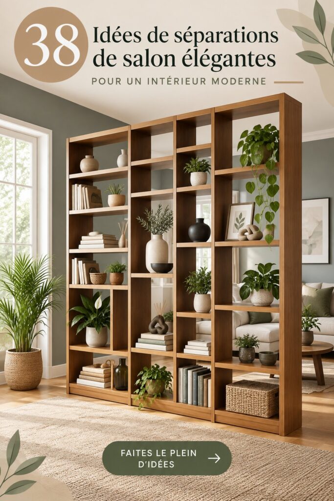 Séparateur de salon moderne avec une étagère en bois et des plantes décoratives