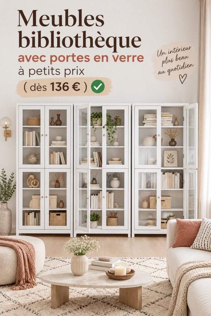 Une élégante bibliothèque en verre moderne dans un salon lumineux.