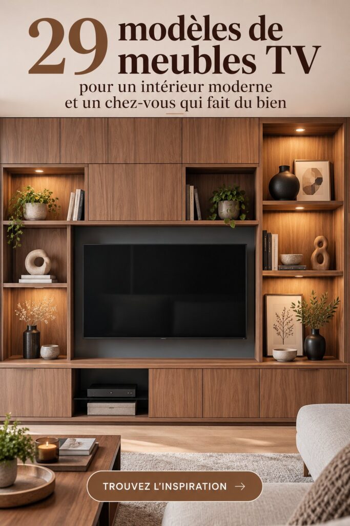 Un salon moderne avec un élégant meuble TV en bois et des touches de décoration chaleureuses.