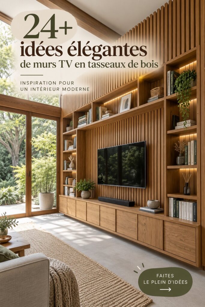 Un salon moderne avec un mur TV en lattes de bois, ajoutant chaleur et style.