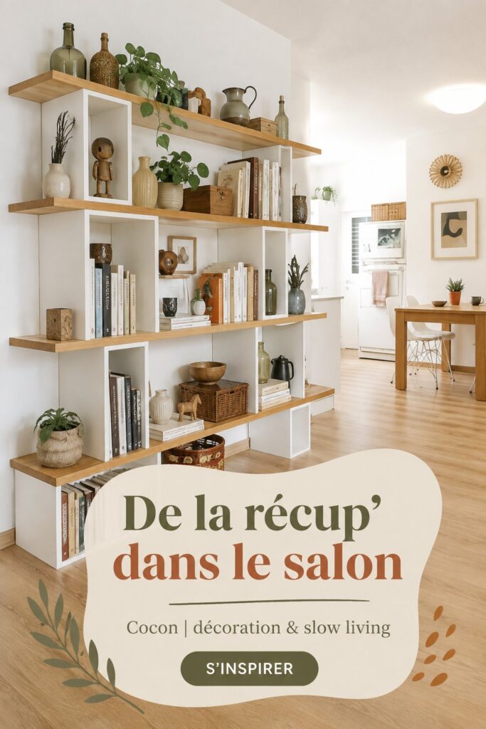 Un salon cosy décoré avec des objets récupérés pour un esprit slow living.