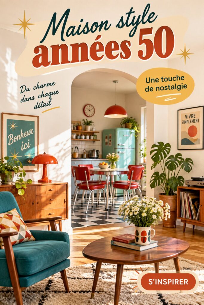 Salon décoré dans un style années 50 avec des couleurs pastel et des meubles rétro.
