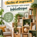 Une bibliothèque faite maison dans un salon lumineux, remplie de livres et d'objets de décoration.