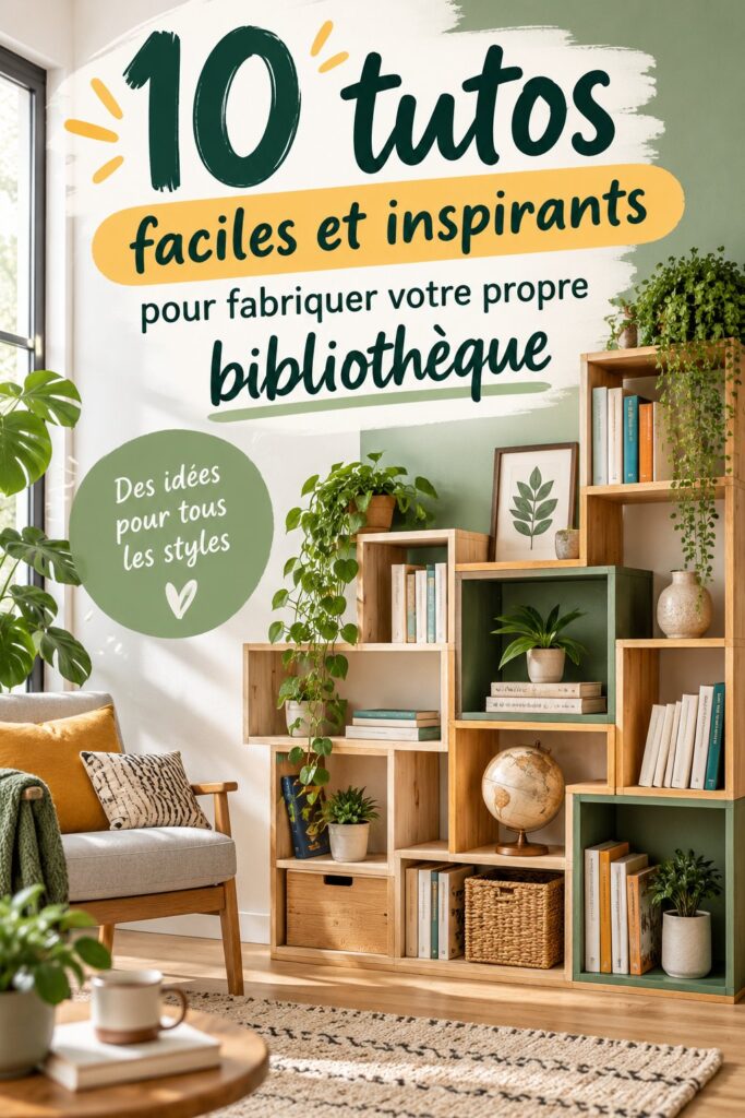 Une bibliothèque faite maison dans un salon lumineux, remplie de livres et d'objets de décoration.